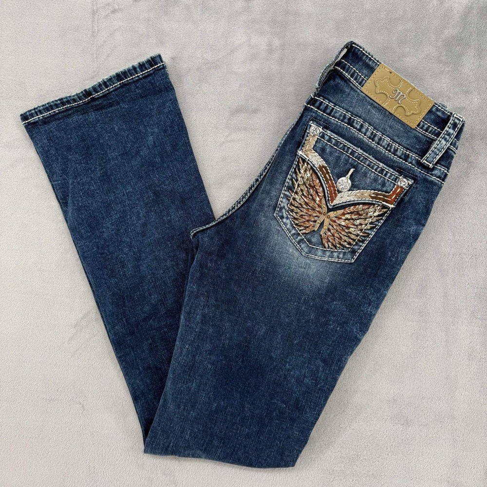 Miss Me Mid Rise Bootcut Jeans Womens 29 Butterfly Wing Sequin Rhinestone Blue